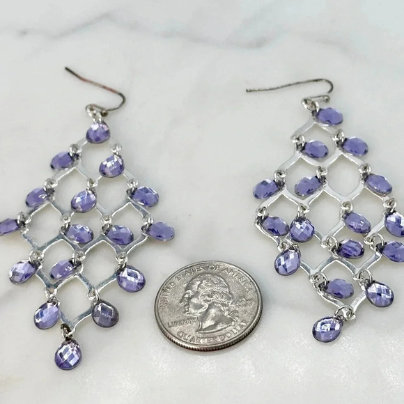 Chandelier Earrings Purple Dangle Gems Faceted Silver-tone Periwinkle 3”… - Picture 9 of 11